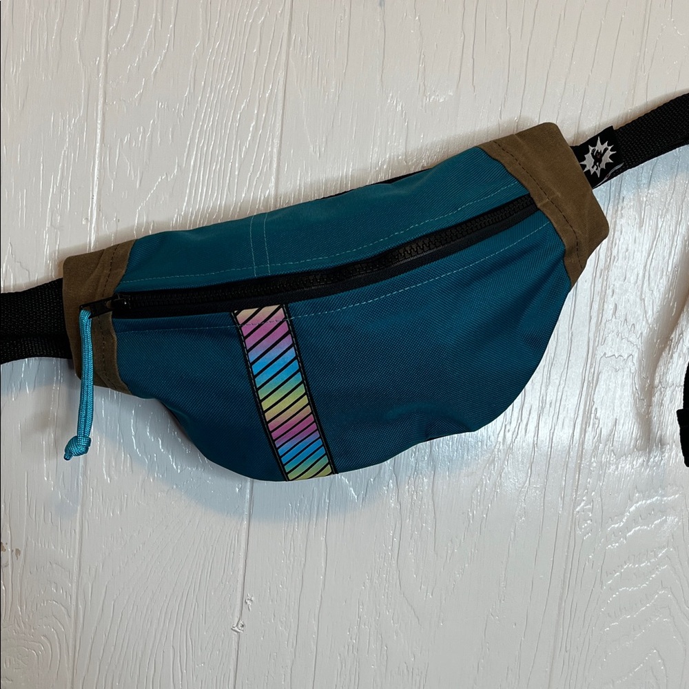 Attack Cat Teal and Brown Waist Bag with Rainbow Stripe